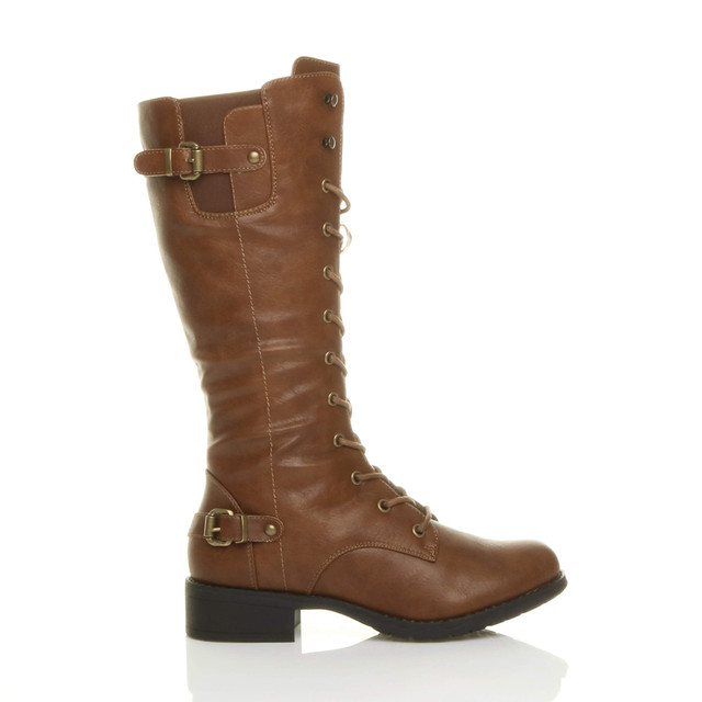 Right side view of Tan PU Low Heel Biker Military Calf Boots