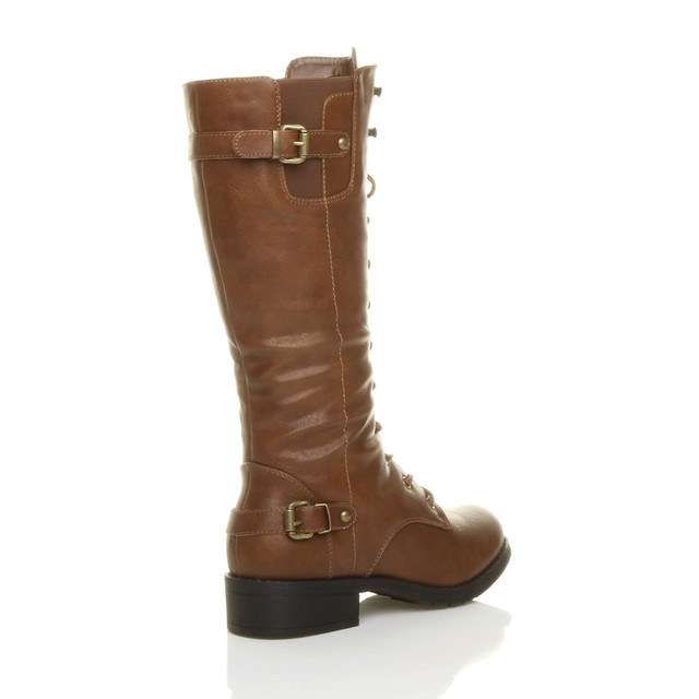 Back right side view of Tan PU Low Heel Biker Military Calf Boots