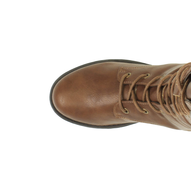 Top view of Tan PU Low Heel Biker Military Calf Boots