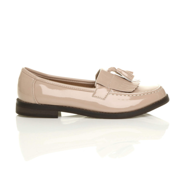 Right side view of Nude Patent Flat Low Heel Fringe Tassel Loafers