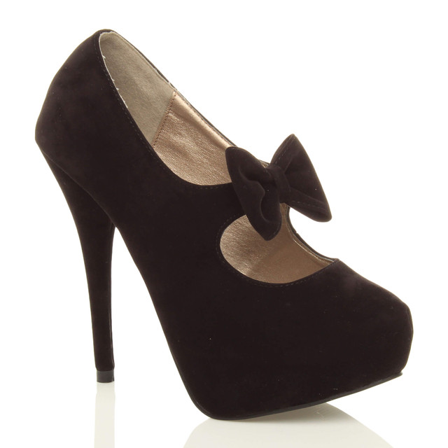 Front right side view of Black Suede High Heel Mary Jane Bow Platform Court Shoe