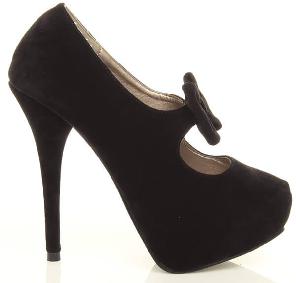 Right side view of Black Suede High Heel Mary Jane Bow Platform Court Shoe