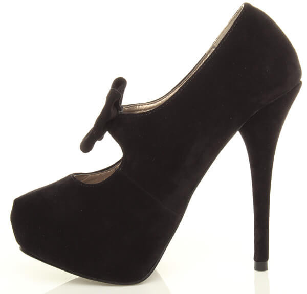 Left side view of Black Suede High Heel Mary Jane Bow Platform Court Shoe