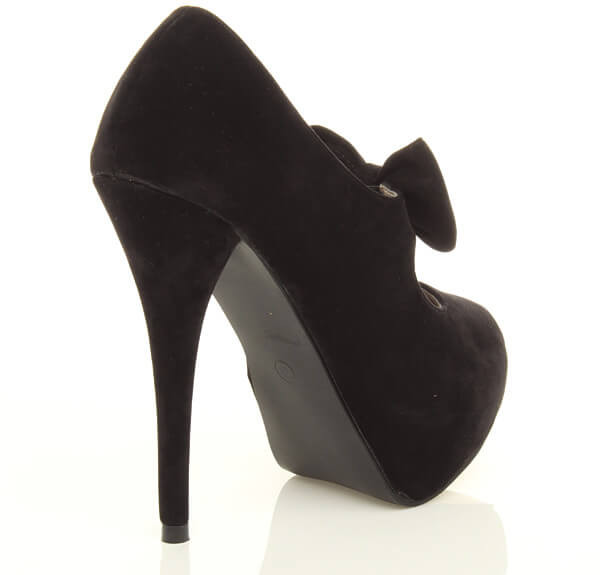 Back right side view of Black Suede High Heel Mary Jane Bow Platform Court Shoe