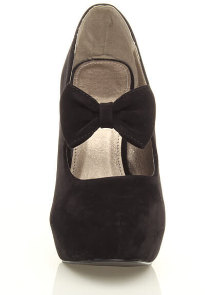 Front view of Black Suede High Heel Mary Jane Bow Platform Court Shoe