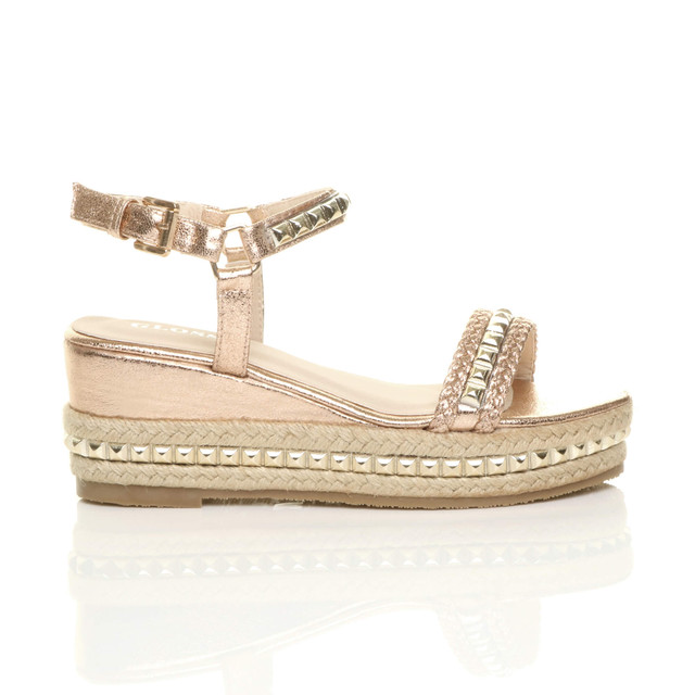 Right side view of Rose Gold PU Mid Wedge Heel Flatform Studded Sandals Platform Espadrilles