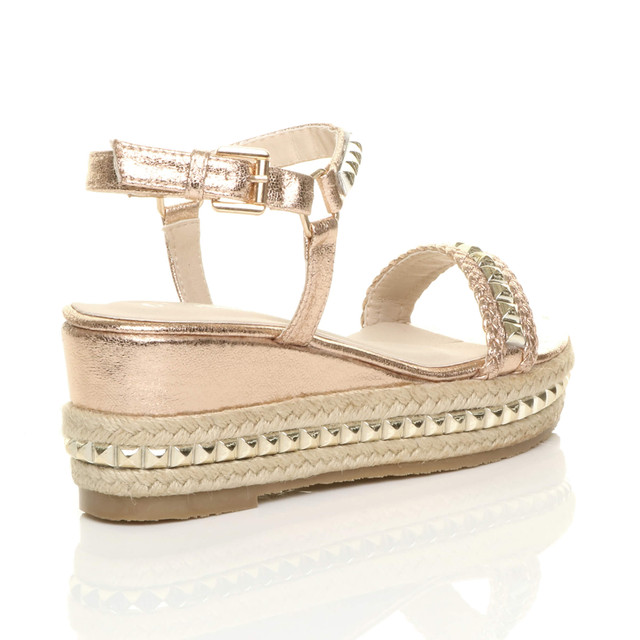 Back right side view of Rose Gold PU Mid Wedge Heel Flatform Studded Sandals Platform Espadrilles