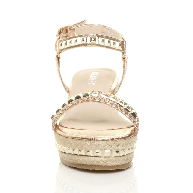 Front view of Rose Gold PU Mid Wedge Heel Flatform Studded Sandals Platform Espadrilles