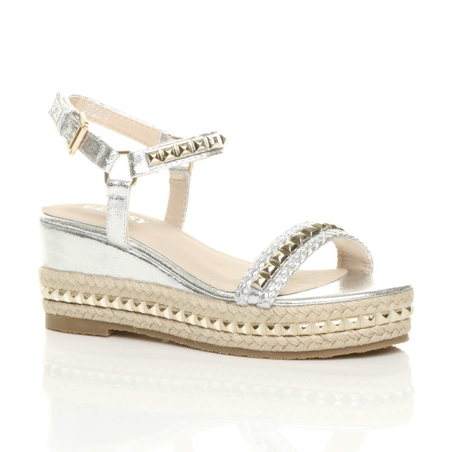 Front right side view of Silver PU Mid Wedge Heel Flatform Studded Sandals Platform Espadrilles