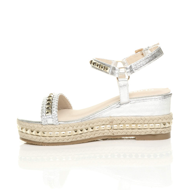 Left side view of Silver PU Mid Wedge Heel Flatform Studded Sandals Platform Espadrilles