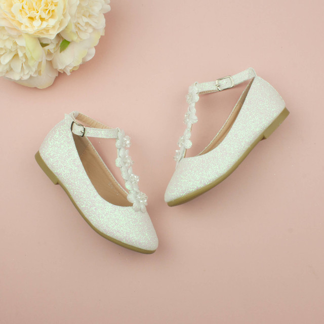 Girls Flat T-Bar Glitter Wedding Bridesmaid Shoes Ballerinas