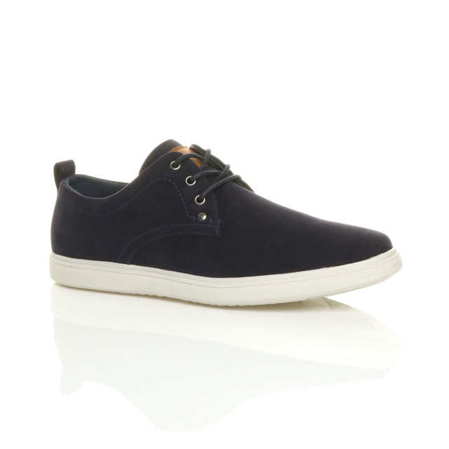 Front right side view of Navy Suede Flat Lo-Top Desert Trainers Plimsolls