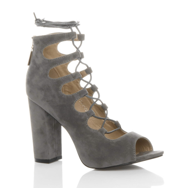 Front right side view of Grey Suede High Block Heel Ghillie Peep Toe Shoes