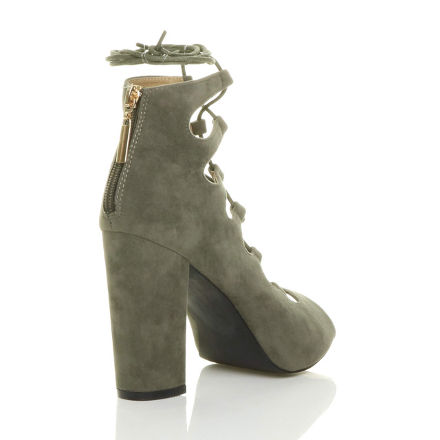 Back right side view of Khaki Suede High Block Heel Ghillie Peep Toe Shoes