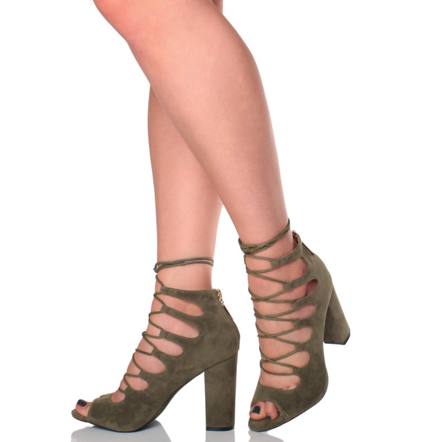 Model wearing Khaki Suede High Block Heel Ghillie Peep Toe Shoes