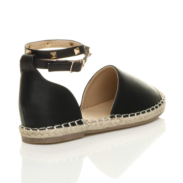 Back right side view of Black PU Flat Studded Ankle Strap Espadrilles