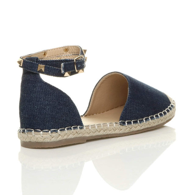 Back right side view of Denim Flat Studded Ankle Strap Espadrilles
