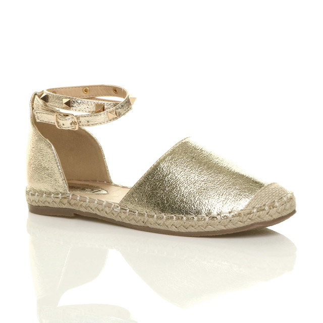 T Bar Gold Flat Espadrille Sandals Womens Flat Studded Ankle Strap
