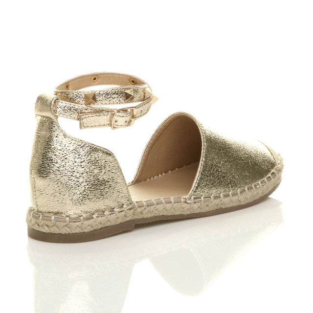 Back right side view of Gold PU Flat Studded Ankle Strap Espadrilles