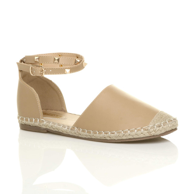 Front right side view of Nude PU Flat Studded Ankle Strap Espadrilles