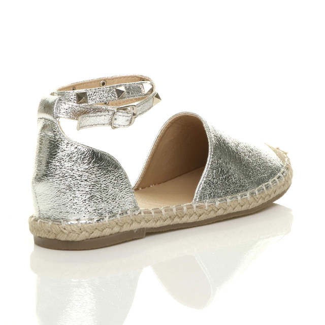 Back right side view of Silver PU Flat Studded Ankle Strap Espadrilles