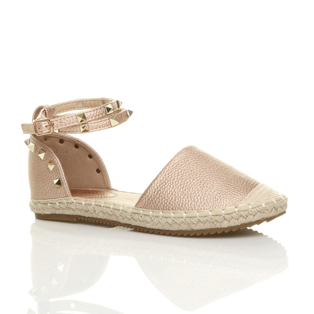 Front right side view of Rose Gold PU Flat Studded Ankle Strap Espadrilles