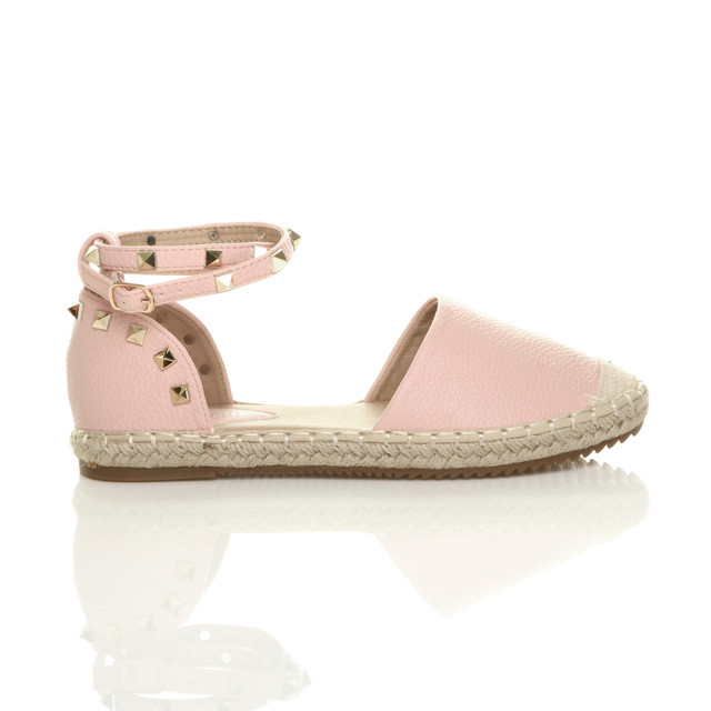 Right side view of Pink PU Flat Studded Ankle Strap Espadrilles