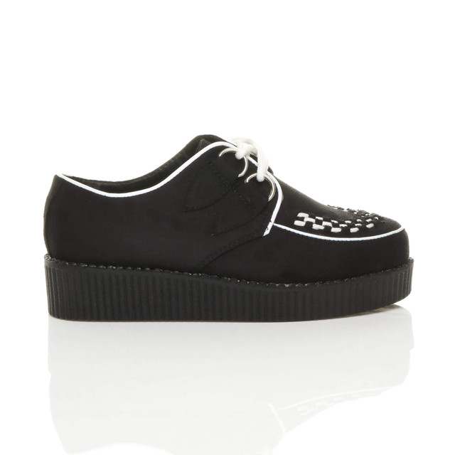Right side view of Black / White Suede Low Heel Wedge Platform Brothel Creepers