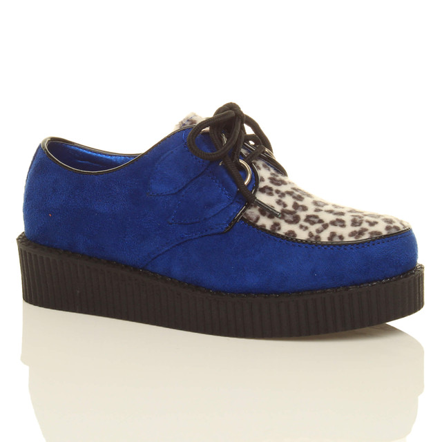 Front right side view of Blue Leopard Suede Low Heel Wedge Platform Brothel Creepers