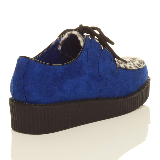 Front view of Blue Leopard Suede Low Heel Wedge Platform Brothel Creepers