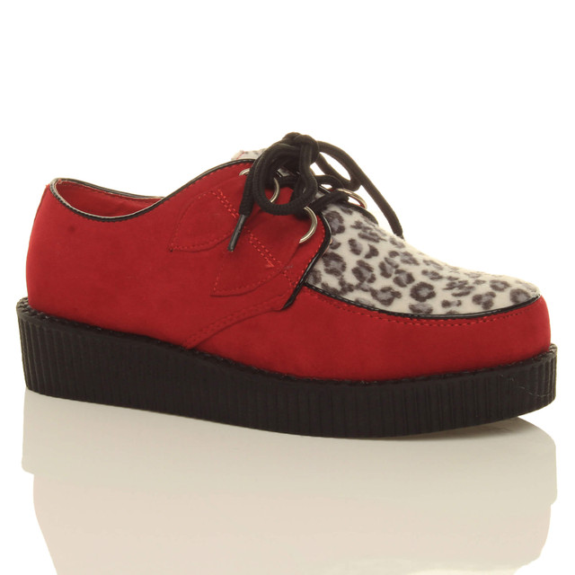 Front right side view of Red Leopard Suede Low Heel Wedge Platform Brothel Creepers