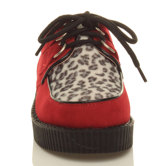 Back right side view of Red Leopard Suede Low Heel Wedge Platform Brothel Creepers
