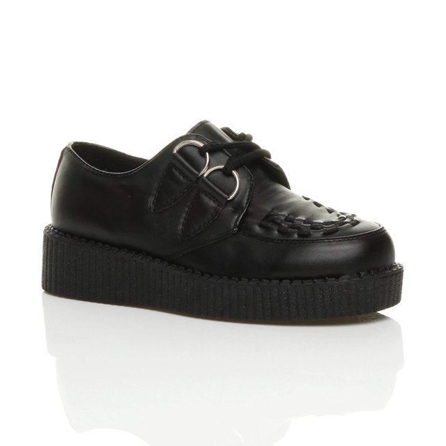 Front right side view of Black PU Low Heel Wedge Platform Brothel Creepers