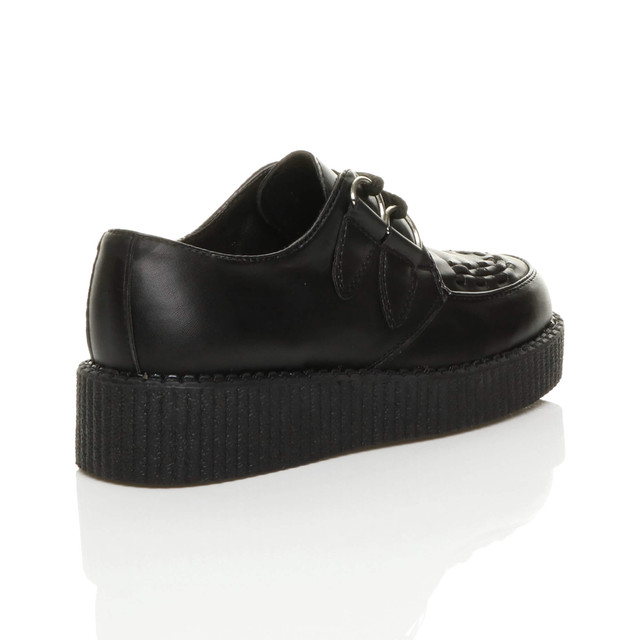 Back right side view of Black PU Low Heel Wedge Platform Brothel Creepers