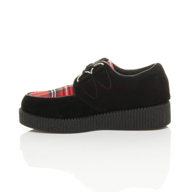 Left side view of Black / Tartan Suede Low Heel Wedge Platform Brothel Creepers