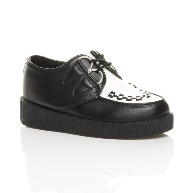 Front right side view of Black / White PU Low Heel Wedge Platform Brothel Creepers