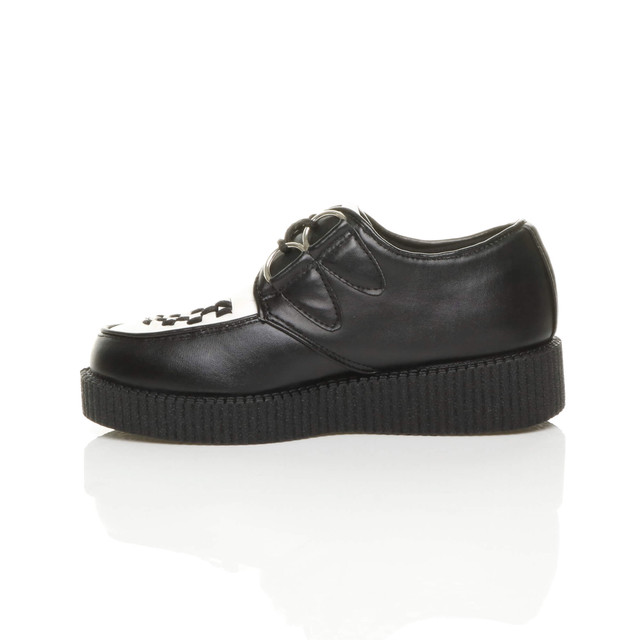 Left side view of Black / White PU Low Heel Wedge Platform Brothel Creepers