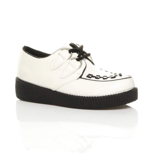 Front right side view of White PU Low Heel Wedge Platform Brothel Creepers