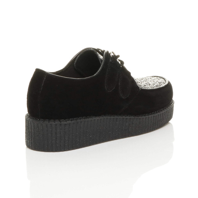 Back right side view of Black Glitter Suede Low Heel Wedge Platform Brothel Creepers