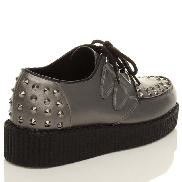 Back right side view of Gunmetal PU Low Heel Wedge Platform Brothel Creepers