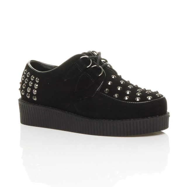 Front right side view of Black Studded Suede Low Heel Wedge Platform Brothel Creepers