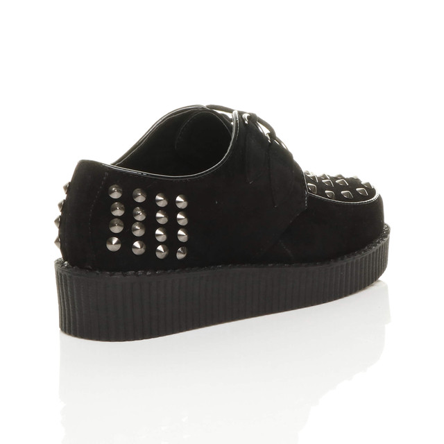 Back right side view of Black Studded Suede Low Heel Wedge Platform Brothel Creepers