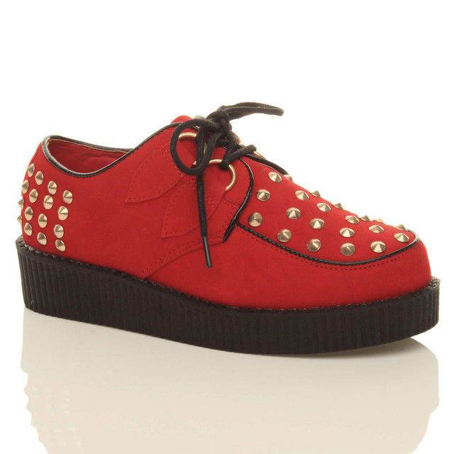 Front right side view of Red Studded Suede Low Heel Wedge Platform Brothel Creepers
