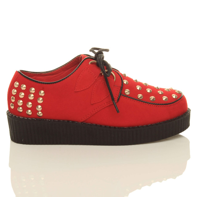 Right side view of Red Studded Suede Low Heel Wedge Platform Brothel Creepers