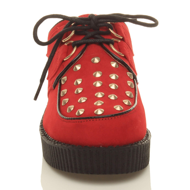 Back right side view of Red Studded Suede Low Heel Wedge Platform Brothel Creepers