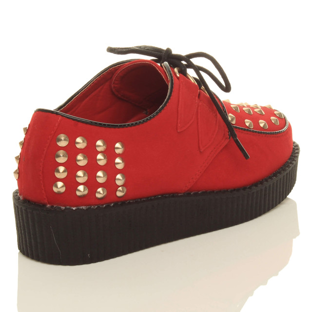 Front view of Red Studded Suede Low Heel Wedge Platform Brothel Creepers