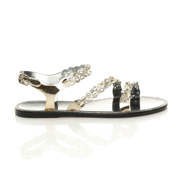 Womens Flat Diamante Strappy Buckle Summer Jelly Beach Sandals