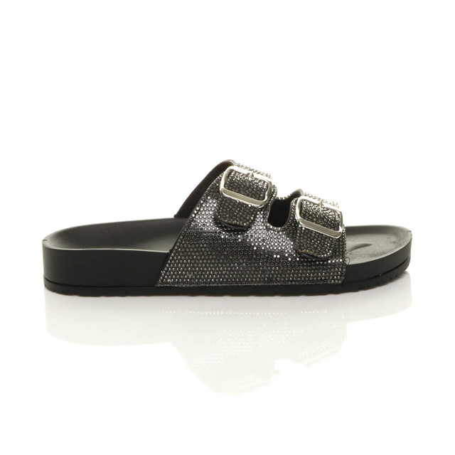 Right side view of Black PU Flatform Double Buckle Diamante Footbed Sandals Flip Flops Sliders