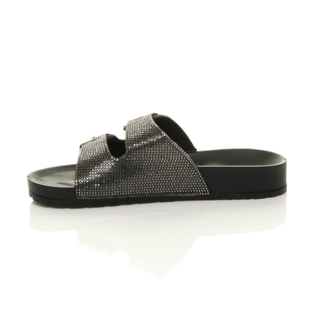 Left side view of Black PU Flatform Double Buckle Diamante Footbed Sandals Flip Flops Sliders