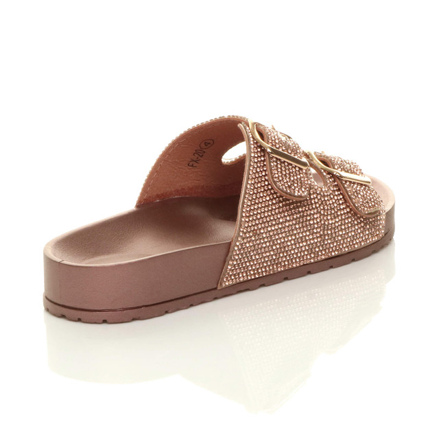 Back right side view of Rose Gold PU Flatform Double Buckle Diamante Footbed Sandals Flip Flops Sliders